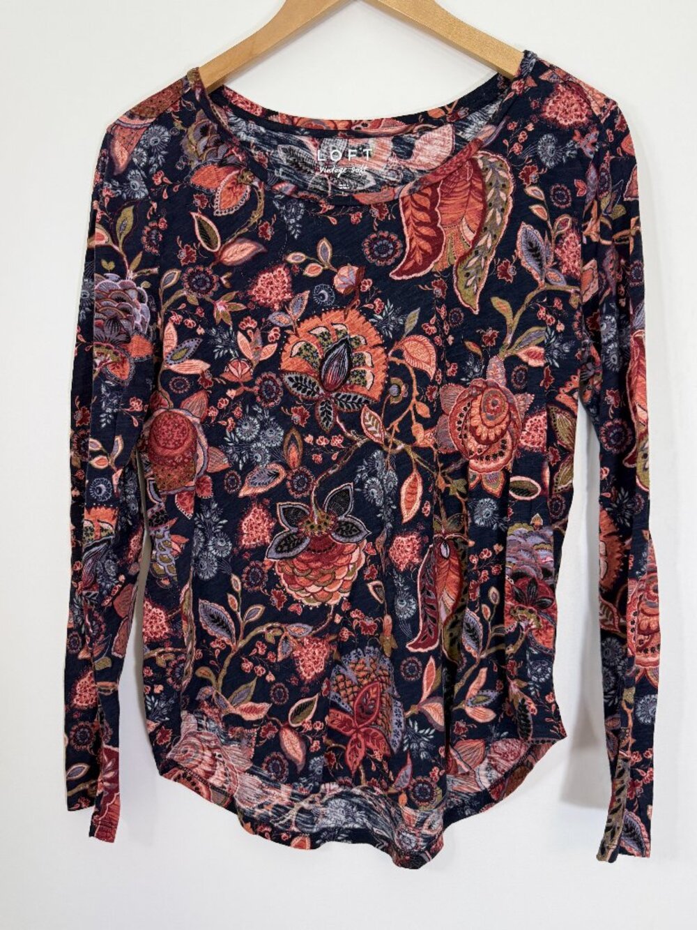 Loft Vintage Soft Blouse Womens Large L Top Autumnal Colors Blue Coral Pullover